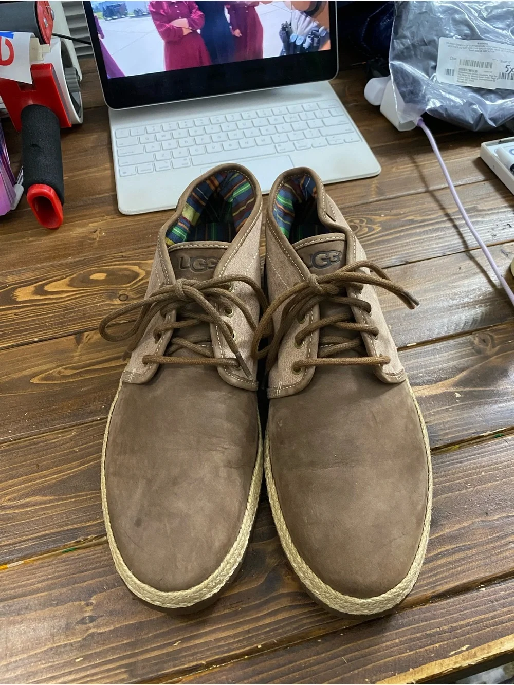UGG Men's Brown & Tan Suede Canvas Chukka Boots Vibram Sole Size 11